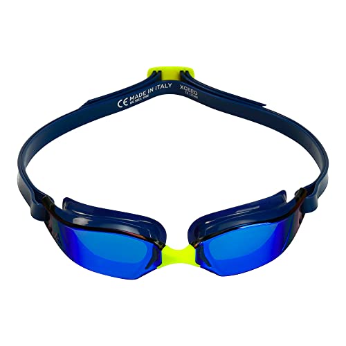 Aqua Sphere XCEED Adult Swim Goggles - Curved Lens Technology, Adjustable Nose Bridge - Ideal Partner for Performance Swimmers - Blue Titanium Mirror LensNavy Frame