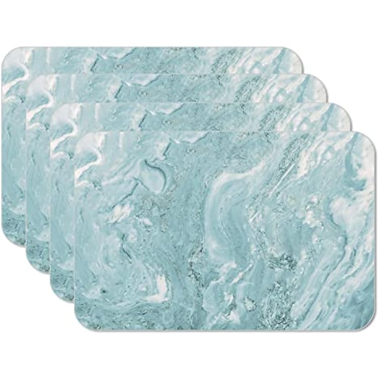 CounterArt Teal & White Printed Quartz Design 4 Pack Reversible Easy Care Flexible Plastic Placemats Made in The USA BPA Free Easily Wipes Clean