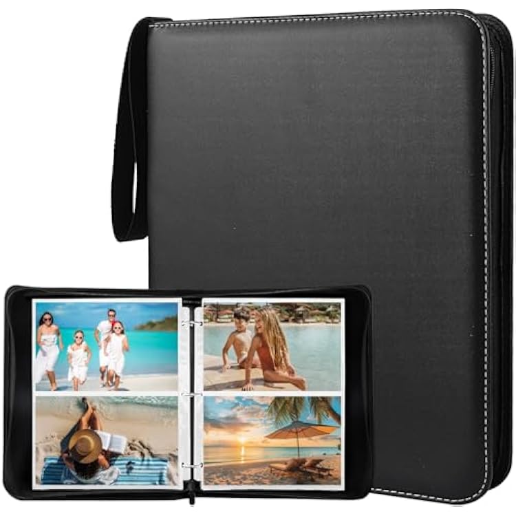 Photo Album 5x7 200 Pockets, Zip Photos Binder Album with 50Pcs Double Sided Pocket Sleeves, PU Leather Pictures Albums Folder, Seed Storage Binder Album Black
