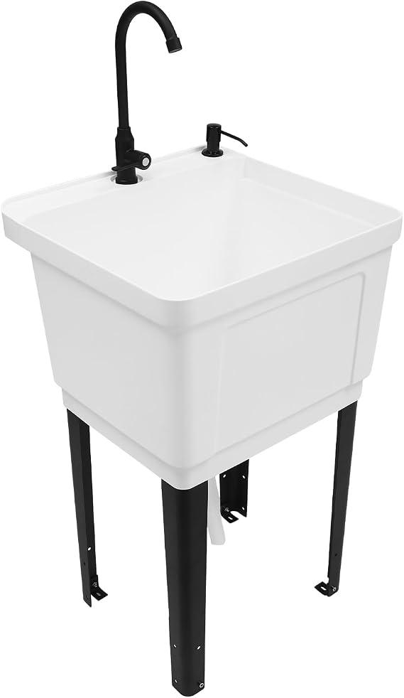 Large Capacity Laundry Sink Utility Tub, PP Freestanding Tall Sink Washbasin with 360Swivel Faucet, Soap Dispenser and Drain Kit with Storage Shelves for Basement, Garage, Bathroom,Washroom (White)