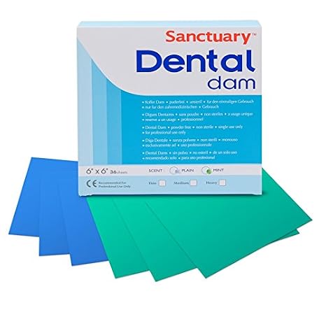 Sanctuary Latex Dental Dam,Powder Free, Pack of 36 (Green Mint 6" x 6" Medium)