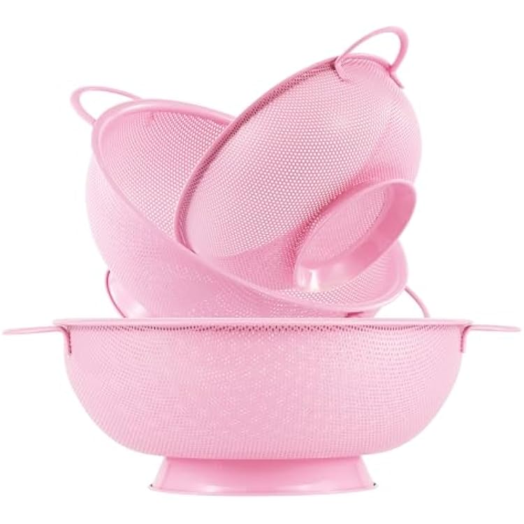 Stainless Steel Colander 3 Piece,Metal Strainer Basket with Solid Base and Handles for Kitchen Food,Pasta, Noodles, Vegetables and Fruits,Powder Coated,BPA Free,Dishwasher Safe,2 & 3 & 4.5 Qt Pink