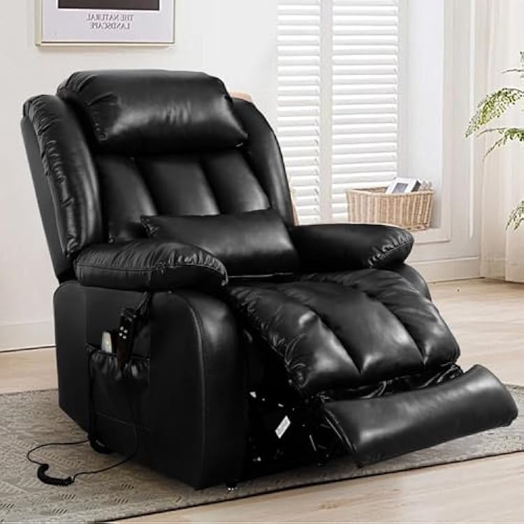 MAEVIS Large Genuine Leather Power Lift Recliner Chair, Dual Motor Recliner for Elderly,Extended Footrest and Lumbar Pillow for Tall Man,with Heat and Massage, USB and Type-C PortsBlack