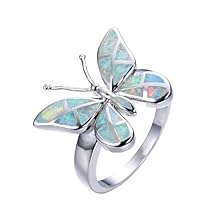 Lzz Fashion Lady Beautiful Butterfly 925 Sterling Silver White Fire Opal Ring Bridal Wedding Jewelry Size 6-10 (US code 9)