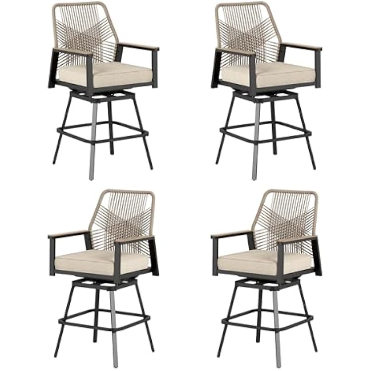 MIXPATIO Outdoor Bar Stools Set of 4, 360Wicker Swivel Bar Stool with Armrest, All Weather Bar Height BarStools with 3.2 Cushion for Patio, Poolside, Kitchen, Beige
