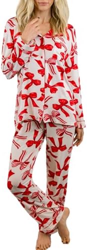 Women Y2k Pajama Set 2 Piece Print Lounge Sets Long Sleeve Button Shirt Elastic Pants Sleepwear Matching Sets