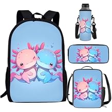 Kawaii Axolotl School Backpack for Girls 10-12 with Lunch Box Salamander Kids Bookbag Lunchbox Elementary Student Book Bag for Girls 8-10/6-8 Lunch Bag Pencil Case Water Bottle Holder Set