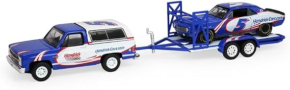 Greenlight Collectibles 1:64 Racing Hitch & Tow Series 6-1986 Chevy K5 Blazer Silverado and 1969 Camaro Hendrick Motorsports Kyle Larson #5 First Win Tribute on Tandem Car Trailer 31190-C