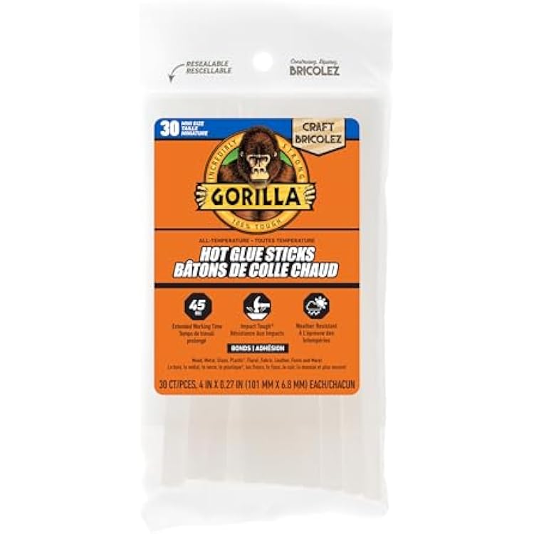 Gorilla Hot Glue Sticks, Mini Size, 4 Long x .27 Diameter, 30 Count, Clear, Pack of 1