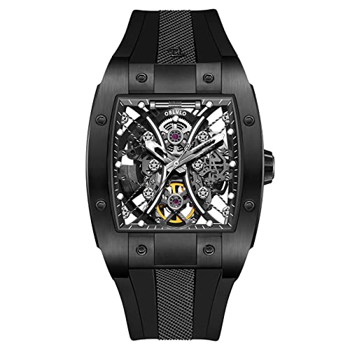 OBLVLO Luxury Brand Sport Watch for Men Square Tonneau Skeleton Steel Carbon Fibre Automatic Mechanical Watch Rubber Strap Watches EM-S