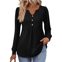 Womens Long Sleeve Tops 2025 Fall Henley Shirts Dressy Casual Pleated Tunic V-Neck Button Down Blouses Pullover