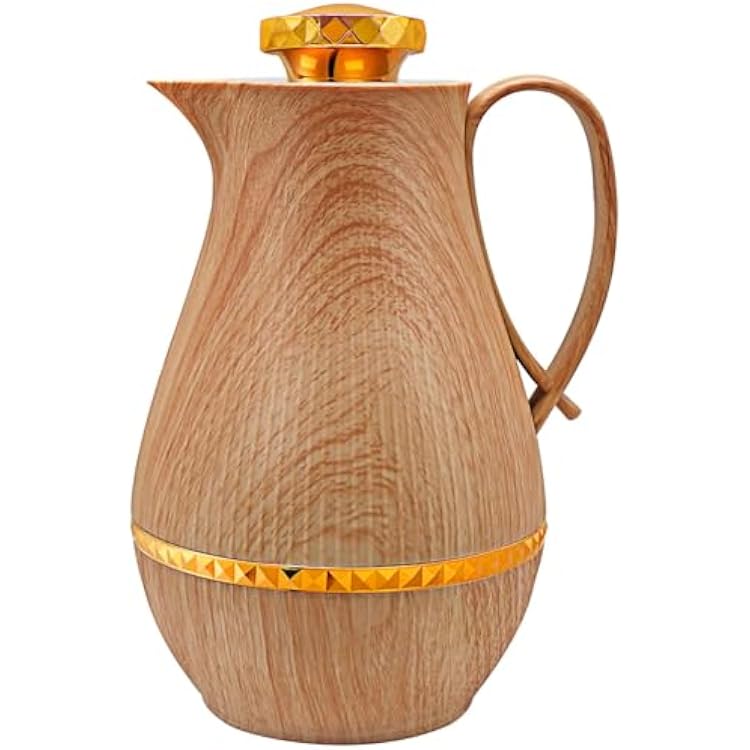 Insulated Thermal Coffee Carafe, 33 oz, Luxury Arabic-Style Insulated Carafe Flask, Coffee Tea Pot, with Spout and Glass Liner for Hot Cold Water, Housewarming Ornaments Wood Color