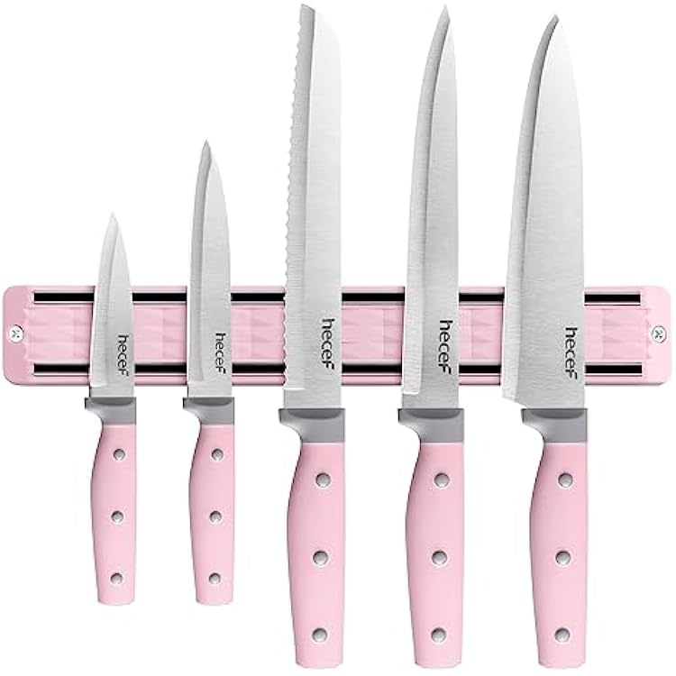 hecef Kitchen Knife Set with Magnetic Strip, 6 pcs Professional Knives Set for Kitchen, 13-inch Magnetic Strip Stainless Steel Sharp Chef Knife Set with Pink Handle for Cutting Meat & Vegetable