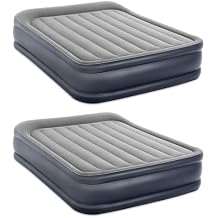 Intex Dura Beam Deluxe Fiber-Tech Pillow Rest Raised Velvet Blow Up Air Mattress Bed with Built in Electronic Pump and Carrying Bag, Queen (2 Pack)