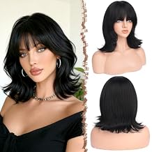 FESHFEN Shoulder Length Bob Wigs with Bangs for Women - Natural Black Layered Wavy Synthetic Wig For Daily Party Costume Use 14 Inch