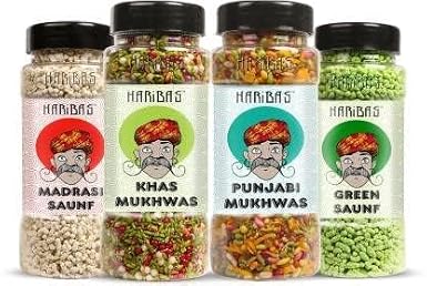 HARIBAS Mukhwas Pack of 4 Punnjabi Mukhwas, Green Mukhwas, Madrasi Mukhwas, Khas Mukhwas_Packing May Vary