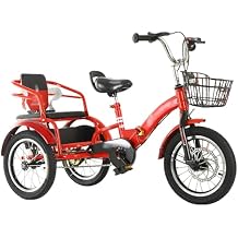 SRNSAEB Tandem Rickshaw Tricycle with Armrests & Seatbelts, Folding & Lightweight 3 Wheel Cruiser Bike for Two People, Adjustable Height Manned Bicycle Carrying Passengers(Red,14in)