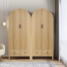 Lxsxlome Wardrobe Closet, Armoire Wardrobe Closet with Drawers and 2 Arched Fluted Doors, 70.87 Tall Wooden Bedroom Armoires with Shelves and Hanging Rod (2, Wood Color)