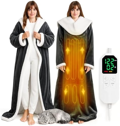 Wearable Heated Blanket with Foot Pocket, 70" x 50" Heated Robe Electric Blanket with Sleeves, 8 Heating Levels &1-12 Hours Heating Time Settings, Winter for Mom Girlfriend, Flannel & Sherpa, Grey