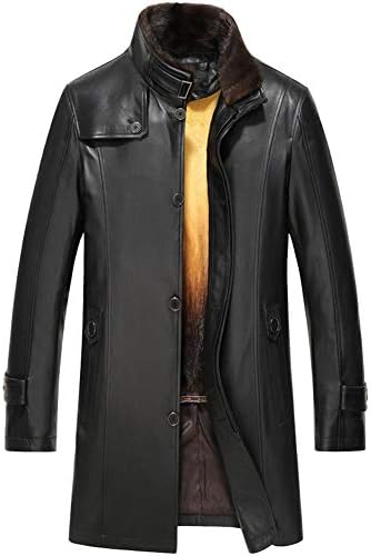 Denny&Dora Mens Mink Fur Coat Black Mens Sheepskin Trench Coat Winter Leather Jacket Detachable Gold Mink Fur Liner