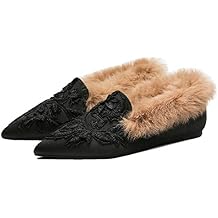 Fericzot Slip On Loafers Womens Embroidery Mule Shoes with Plush Lamb Fur Velvet Slippers Backless Pointed Toe Mule Slides