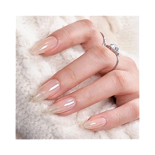BTArtbox Press On Nails Medium Almond - Press on Nails Chrome Nails, Light Weight & Fit Perfectly Fake Nail with Nail Glue, Nude Glue On Nails in 16 Sizes, Glazed Donut