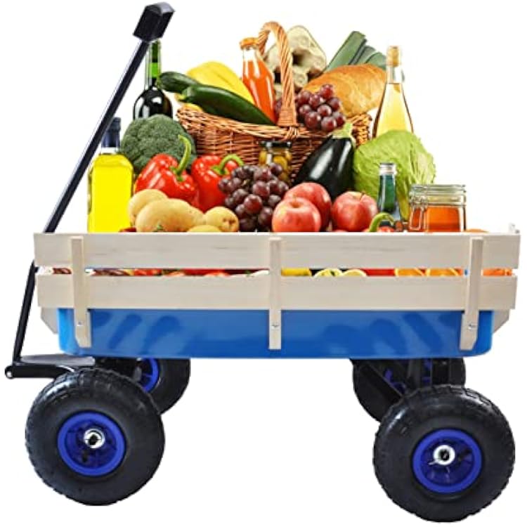 ZeHuoGe Outdoor Sport Blue Wagon All Terrain Pulling wRemovable Wooden Side Panels Air Tires Big Foot Panel Wagon,Pull-Along Wagons Blue
