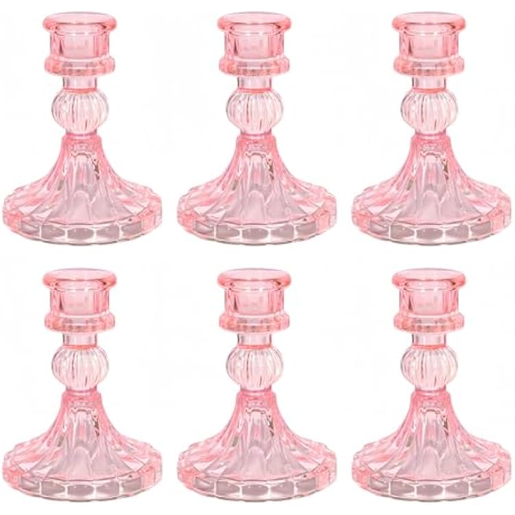 Glass Candlestick Holder,Striped Taper Candle Holders,Set of 6 Candle Stand for Table Centerpieces, Home Decor,Weddings,Festival and Parties Pink Stripe Pattern