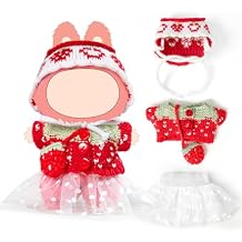 17cm Doll Clothes Set-Handcrafted Crochet Outfit Accessories for 5.91-6.7inch Dolls-Hand Crocheted Hat+Strawberry Sweater+White Dress+Bag(NO Doll)