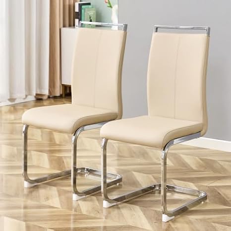gopop Dining Chairs Set of 2, Beige Faux Leather with Metal Frame, Modern Kitchen Chairs with Padded Seat High Backrest for Dining Room, Kitchen, Living Room