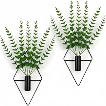 Modern Farmhouse Wall Art Decor - 2-Pack Metal Hanging Vases with Faux Eucalyptus Stems - Boho Wall Planters for Living Room Bathroom Bedroom Kitchen & Office (2, Black)