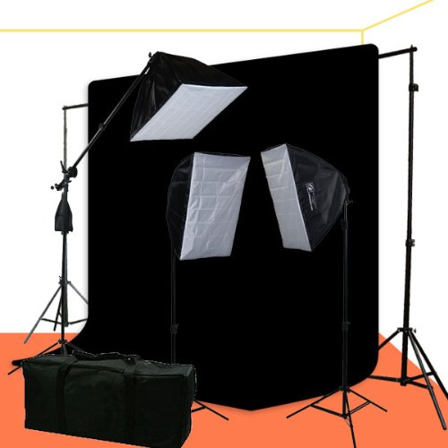 ePhoto Black Muslin Background Backdrop Stands with 2700 Watt Photo Studio Video Light Lighting Kit Case H604SB69B