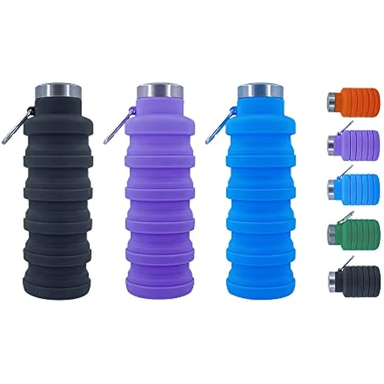 Collapsible Water Bottles,3 pack BPA Free Travel Silicone Water Bottle with Carabiner,17oz Reusable Foldable Lightweight Portable Sports Water Bottle for Travel Gym Camping Hiking