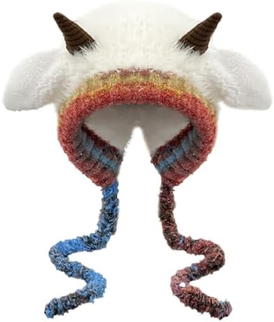 Winter Plush Faux Fur Knitted Animal Hat Cozy Cute Horns Sheep Ears Beanie Cap Warm Ear Flap Thick Lining Crochet Hats 2025