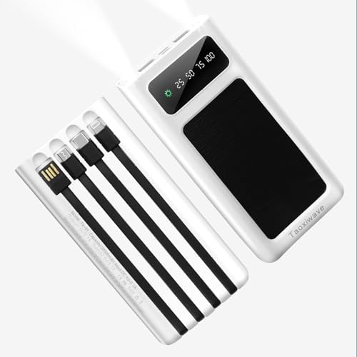 Power-Bank - 20000mAh Portable Charger,Solar Power Bank,Camping External Backup Battery Pack,Fast Solar Panel Charger with Dual Flashlight and 4 USB Cables White