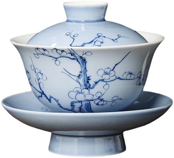 SONGCHAO Matcha Cups Hand-painted Plum Blossom Pattern Covered Bowl Tea Cup Large Capacity Home Tea Bowl Tea Set Ceramic Gai Wan Tea Cup Tea Set Tea Infuser Mug