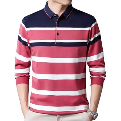 Mens Casual Cotton Striped Long Sleeve Collared T Shirt Polo Shirts