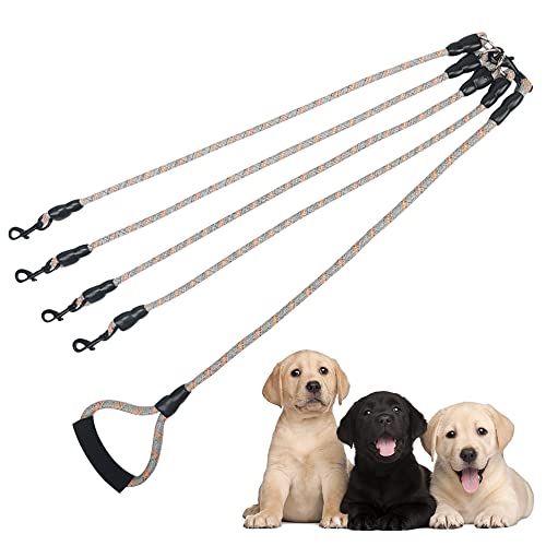 Dual Dog Leash 360 Tangle-Free - Reflective Heavy Duty, Comfortable Handle for SmallMediumLarge Dogs, Support Multiple Rope Addition Orange 1, Four Leashes