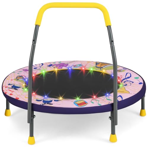 GYMAX 36 Toddler Trampoline with Lights, Folding Springless ASTM Approved Small Kids Rebounder with Foam Handle, Safety Padded Cover & Foldable Legs, Mini Indoor Baby Trampolines