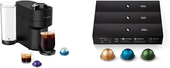 Nespresso Vertuo Pop+ Coffee and Espresso Maker by De'Longhi, Black Matte with Dark Chrome and Capsules Vertuo Line, Medium and Dark Roast Coffee, Variety Pack