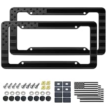 Aootf American Flag License Plate Frames- Black Plastic USA Flag Car Tag Holder with Screws Caps and Patriotic Decals,2 Pack Rustproof Frames for Front Rear
