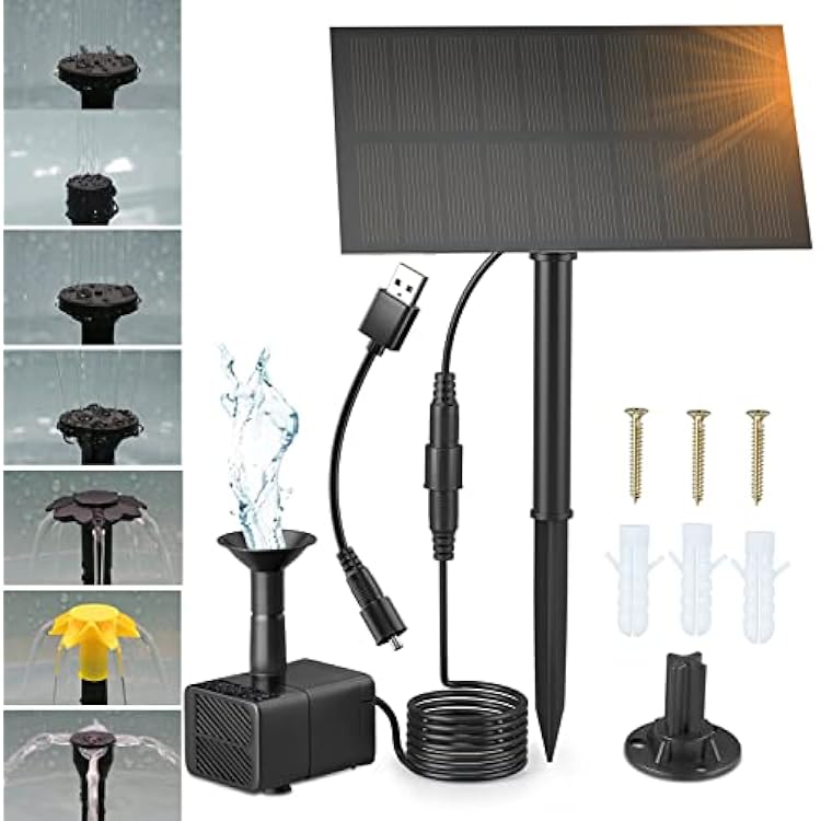 Solar Water Fountain Pump Kit with 7 Nozzles & USB Adapter Cable, 1.5W Solar Powered Fountain Pump for Outdoor Indoor Bird Bath Small Pond Fish Tank Pool Garden Backyard DIY Water Feature Use