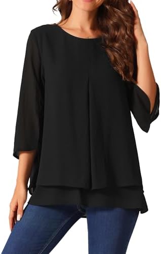 Seta T Women's 3/4 Sleeve Chiffon Tops Dressy Casual Crewneck Double Layered Blouse