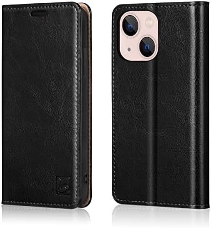 Belemay Case Compatible with iPhone 14 Wallet Case-Genuine Leather Flip Phone Case-RFID Blocking Card Holder-Shockproof TPU Shell Folio Book Cover Women Men Compatible with iPhone 14 6.1-inch Black