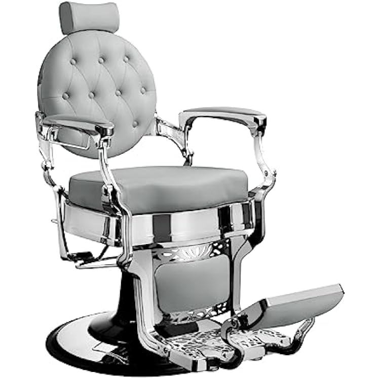 Berkeley Truman Vintage Barber Chair, Reclining Heavy Duty Barber Chair, Grey Seat Chrome Frame
