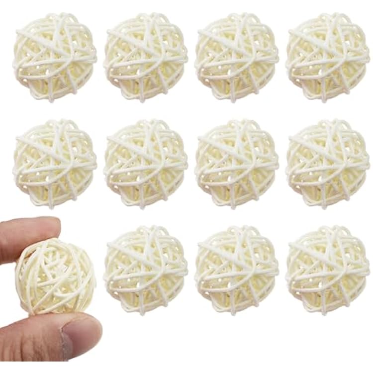 12PCS 1.2 Inch White Wicker Rattan Balls Fade Resistant Decorative Orbs for Home Decor Wedding Centerpiece Bowls Vase Fillers Decorative Spheres for Bowls Table Decor 30mm