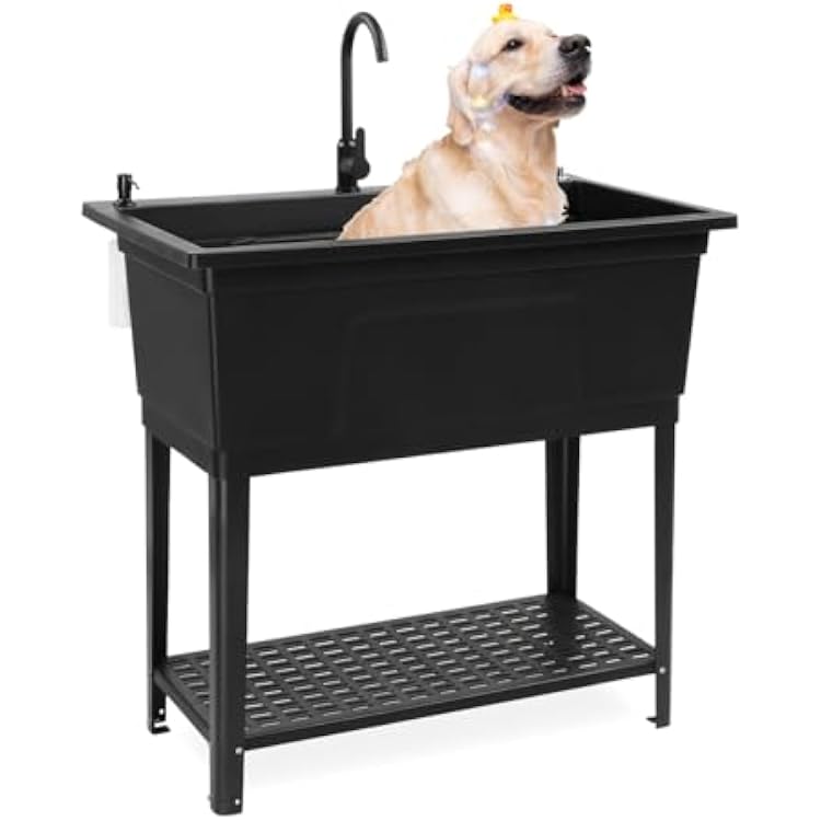 Vingli 37-Gallon Freestanding Utility Sink with Faucet, 36 Heightened Basin for Laundry, Garage, Outdoor Garden, Pet Wash, Heavy Duty Plastic Laundry Tub with Storage Shelf, 40L24W36H, Black