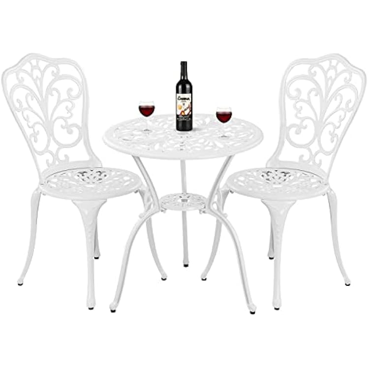 Bistro Set 3 Piece Outdoor Cast Aluminum Patio Bistro Set with Umbrella Hole, All Weather Bistro Table and Chairs Set, Small Patio Furniture Set for Garden, Porch,White