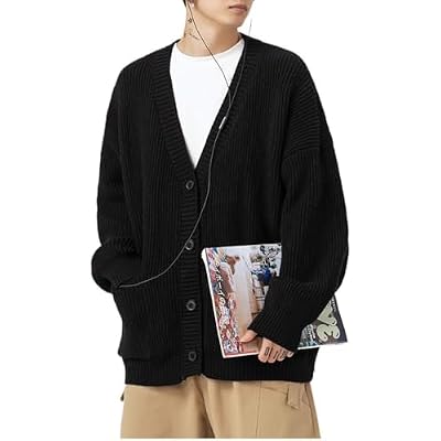 POHADON Mens Cardigan Sweater Button Down Long Sleeve V Neck Cable Knit Sweaters Japanese Streetwear Grunge Clothes