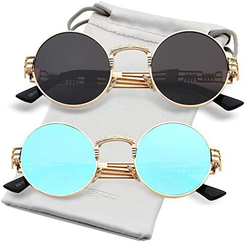 AIEYEZO Round Steampunk Sunglasses for Men Women Retro Circle Hippie Glasses Metal Frame 100% UV Blocking Lens